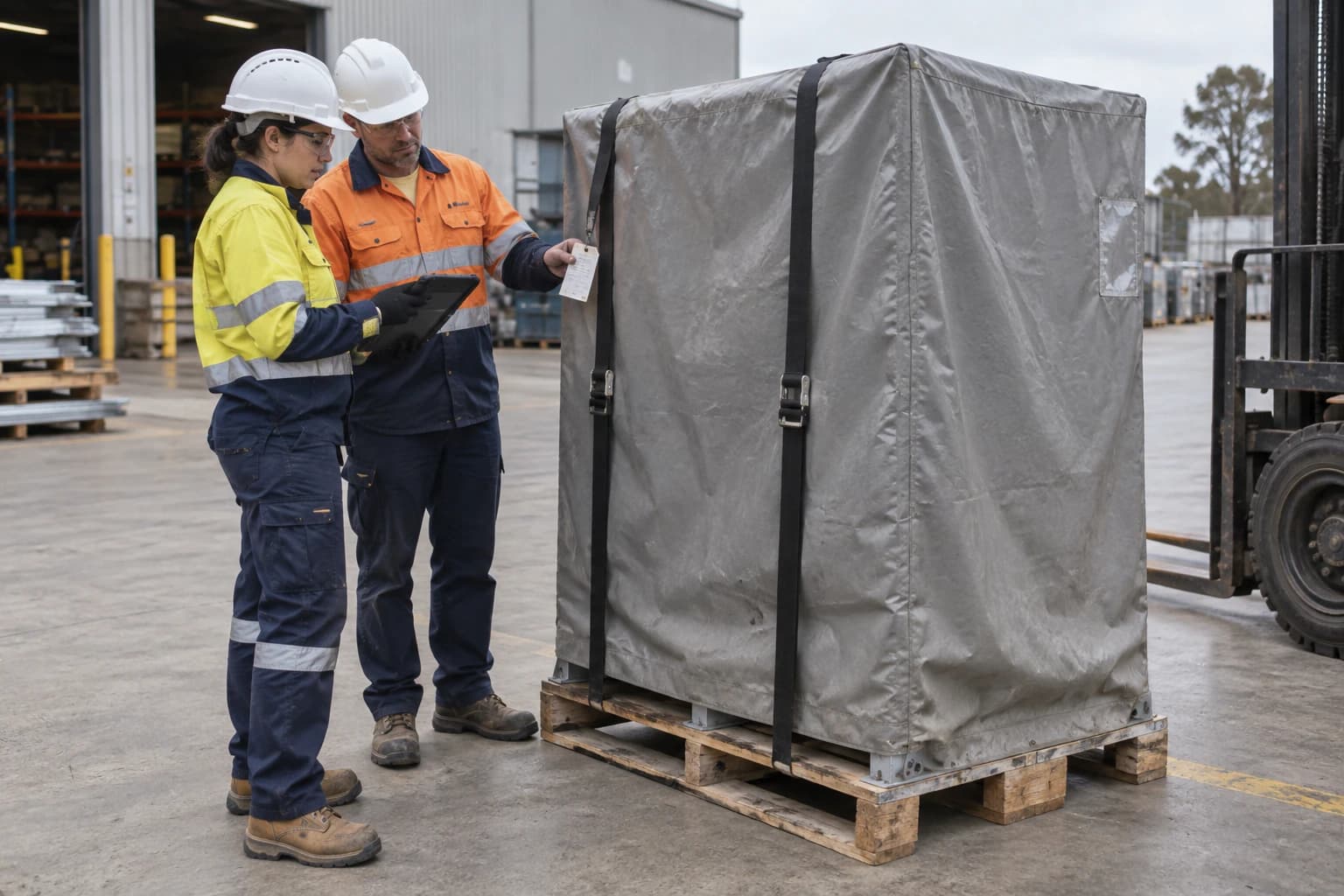 Two workers check a crated delivery on a pallet against their records in a warehouse.