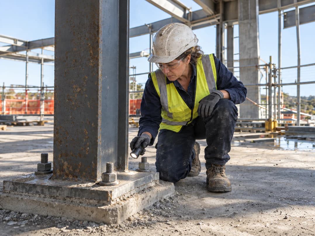 A construction engineer inspects the anchor bolts at the base of a steel column.