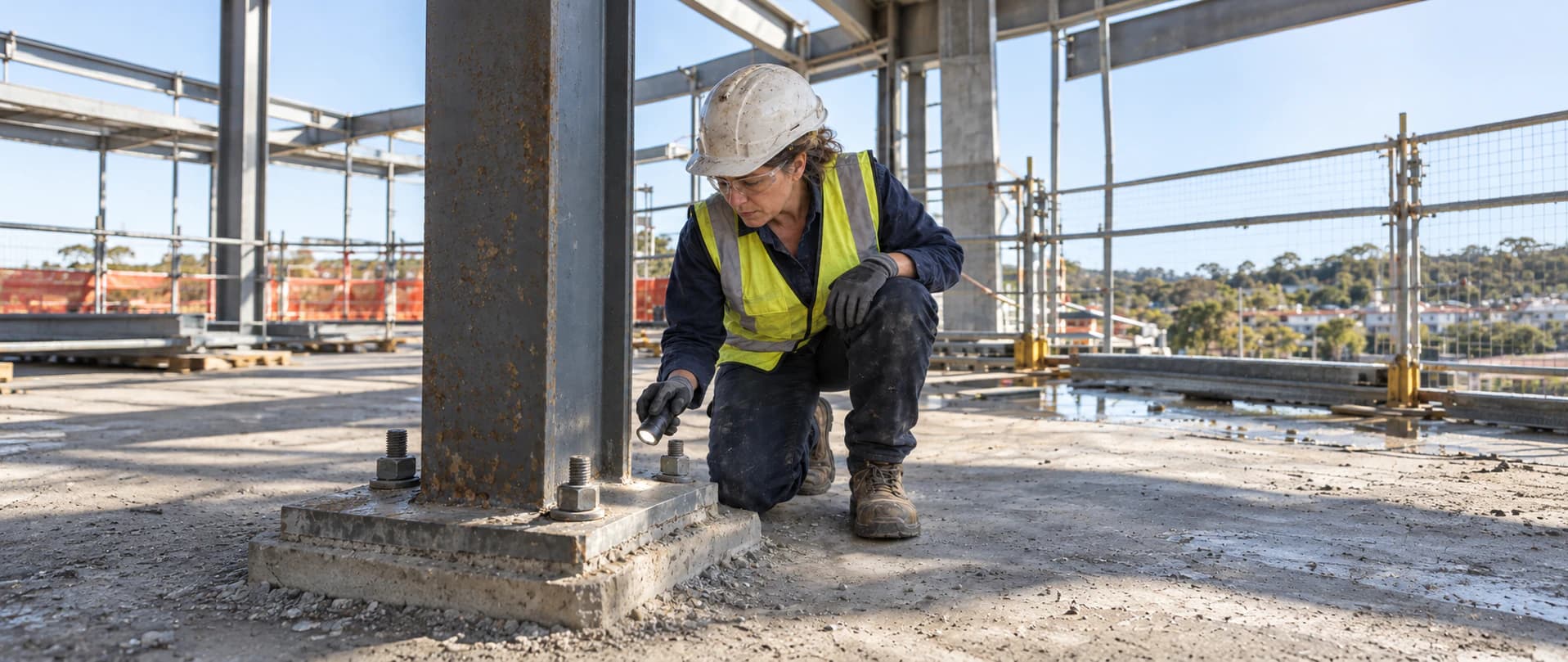 A construction engineer inspects the anchor bolts at the base of a steel column.