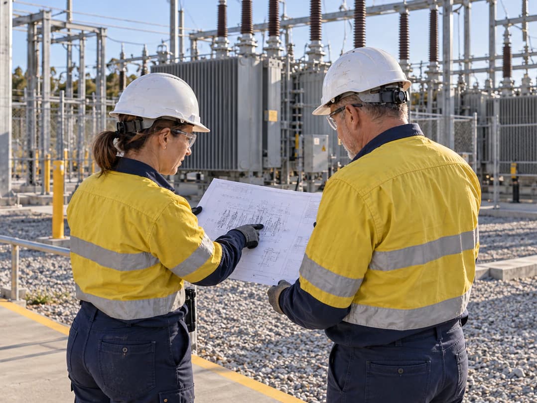 Two maintenance professionals review an engineering drawing beside a substation.