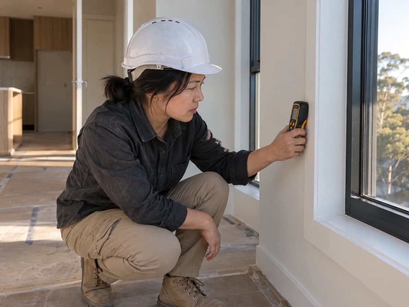 A property inspector checks a window jamb with a moisture meter.