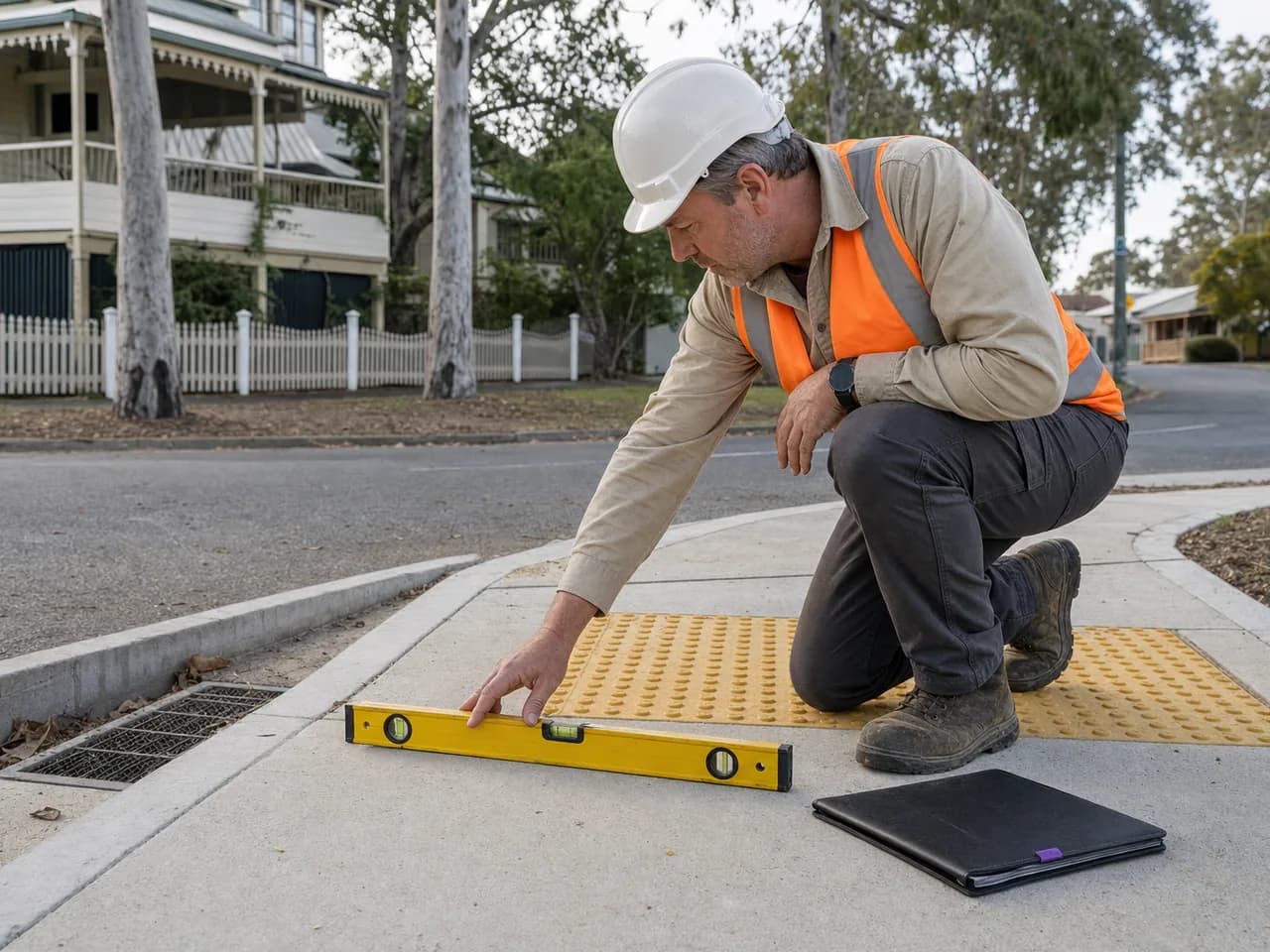 A council civil works inspector uses a spirit level to check an accessible kerb ramp