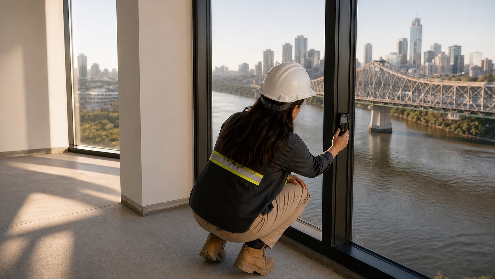 A property inspector uses a moisture meter against a window jamb, with the Story Bridge across the river
