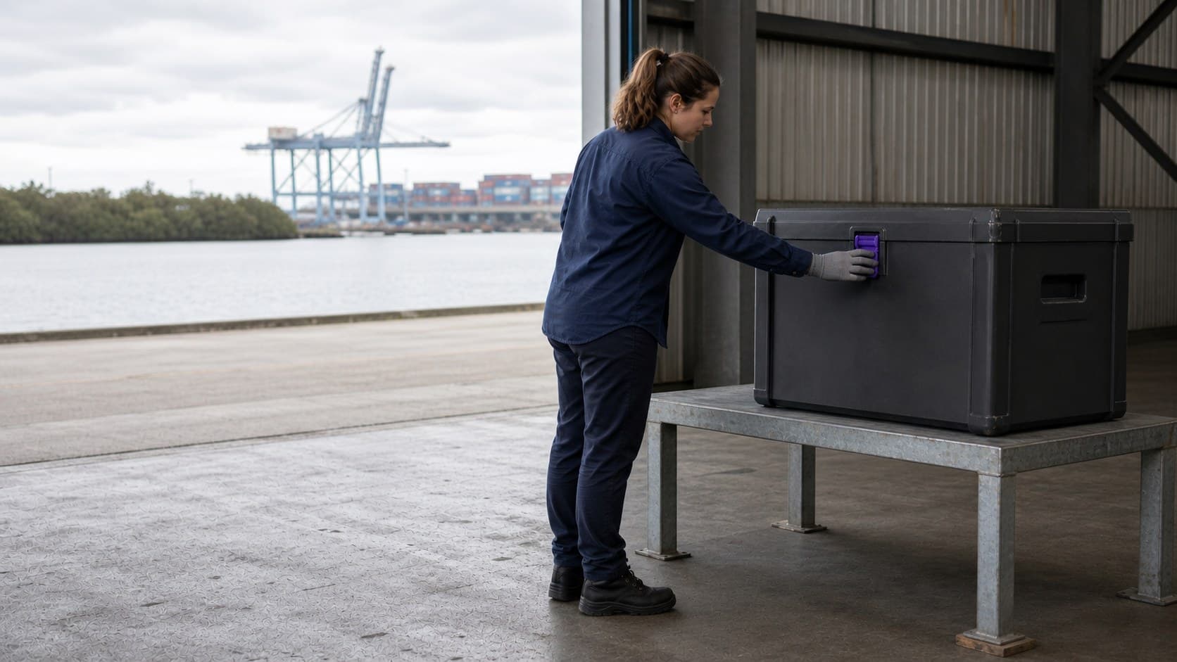 A receiver opens the violet latch of an unlabelled crate at a port receiving bay, container cranes across the water