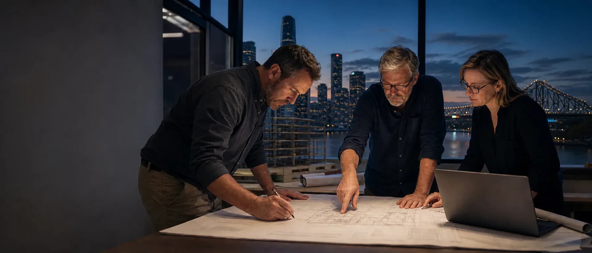 Three project professionals align a shared construction plan above the Brisbane River and Story Bridge at blue hour
