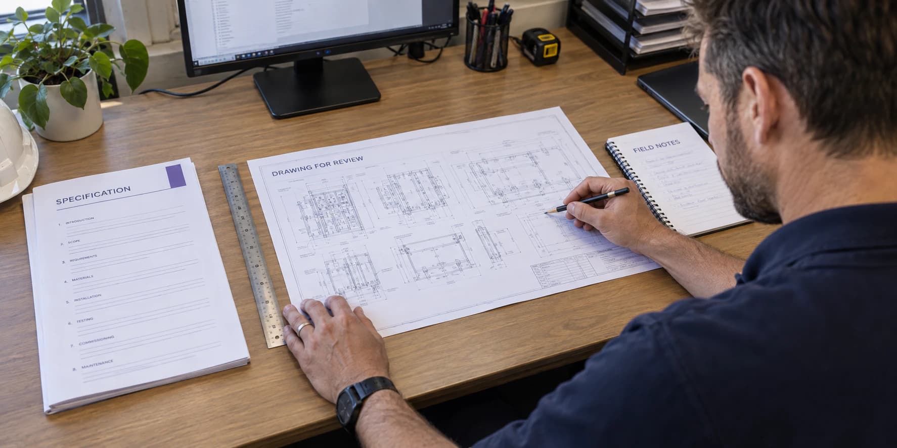 An electrical engineer checks a prepared drawing against source specifications and field notes.