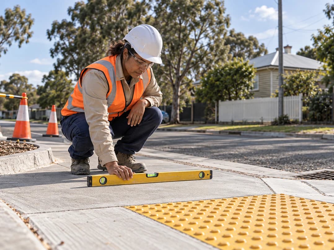 A council inspector checks an accessible kerb ramp with a spirit level.