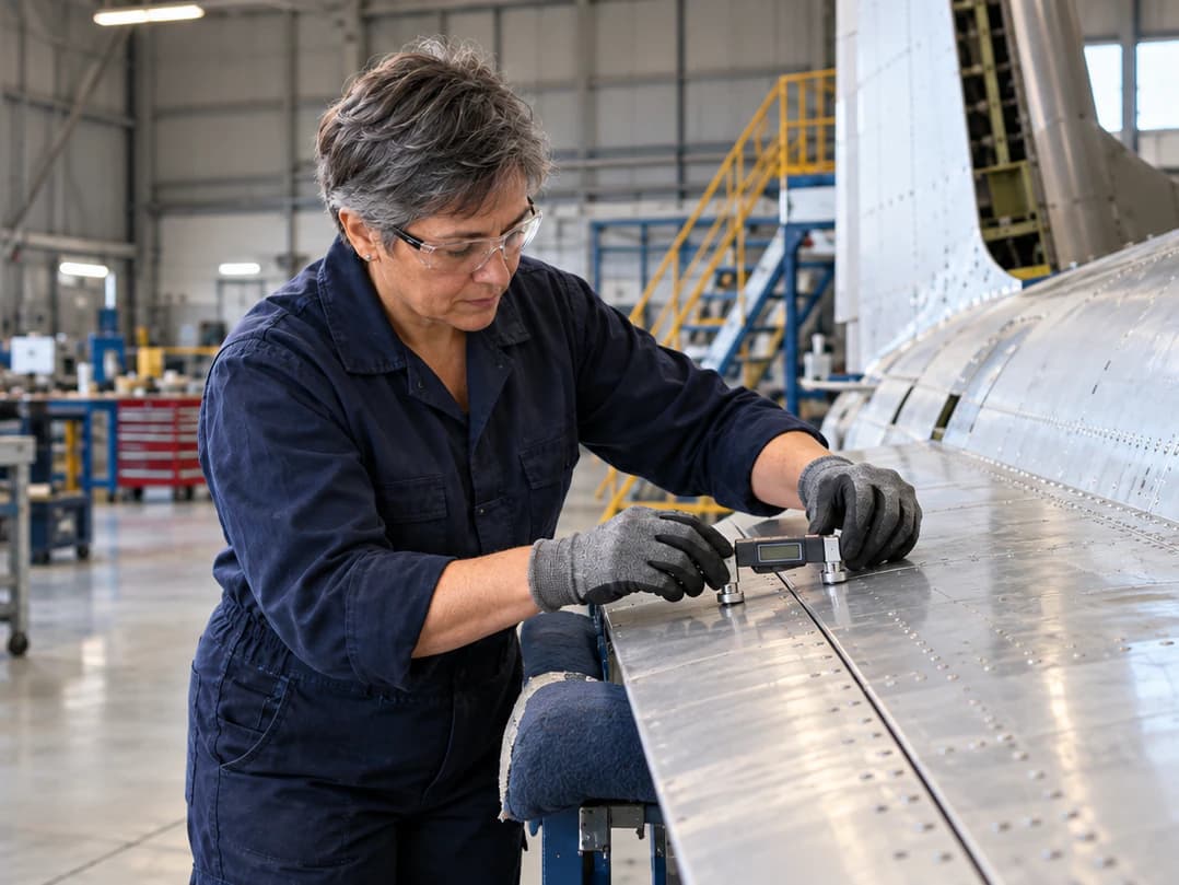 An aerospace inspector checks a panel seam with a digital gauge.