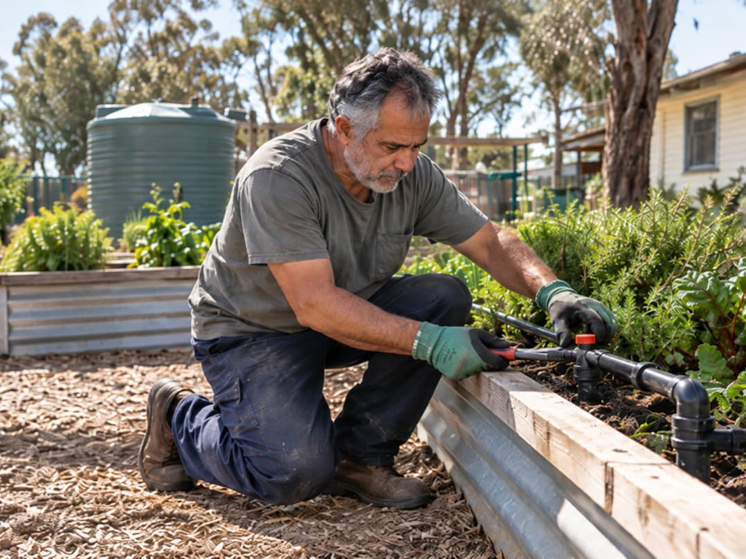 A community garden worker adjusts an irrigation valve beside raised beds.
