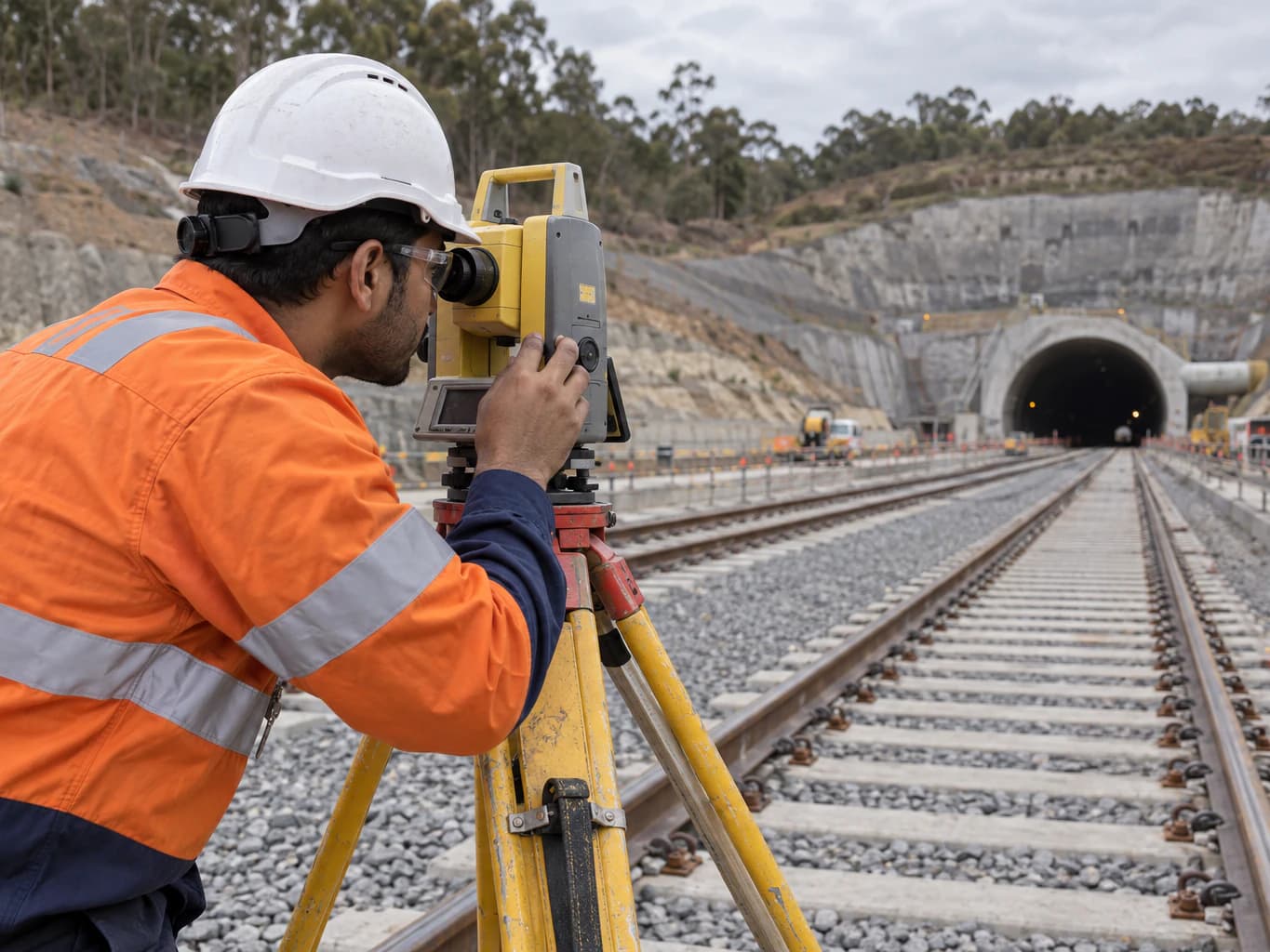 A surveyor uses a total station beside a rail corridor.