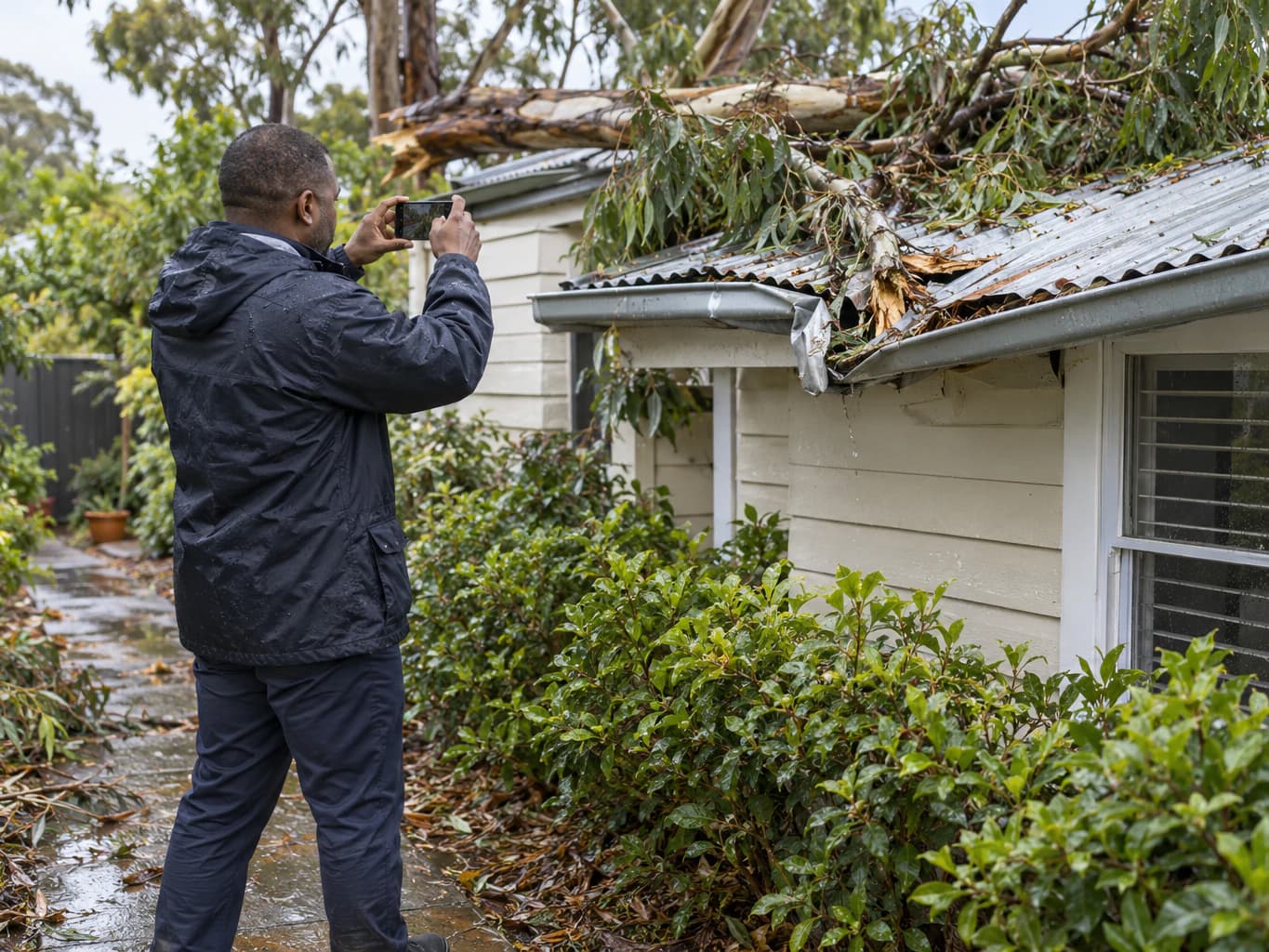 An assessor photographs storm damage to a roof.