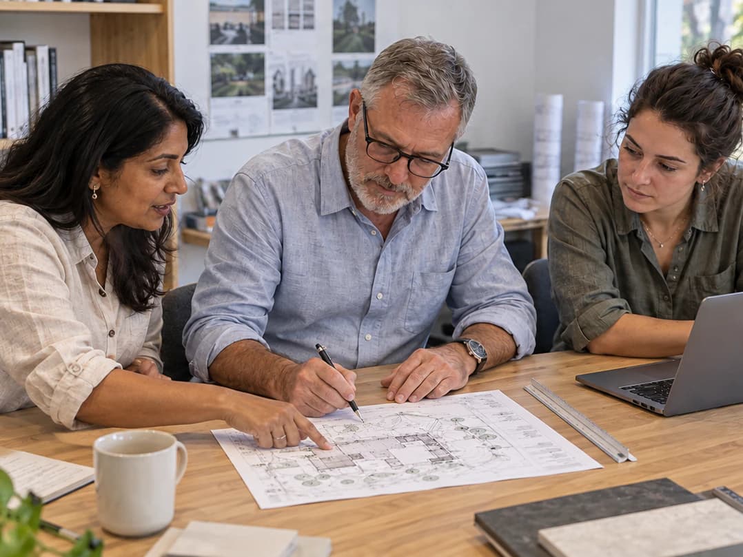 Consultants review an A3 engineering drawing and project notes.