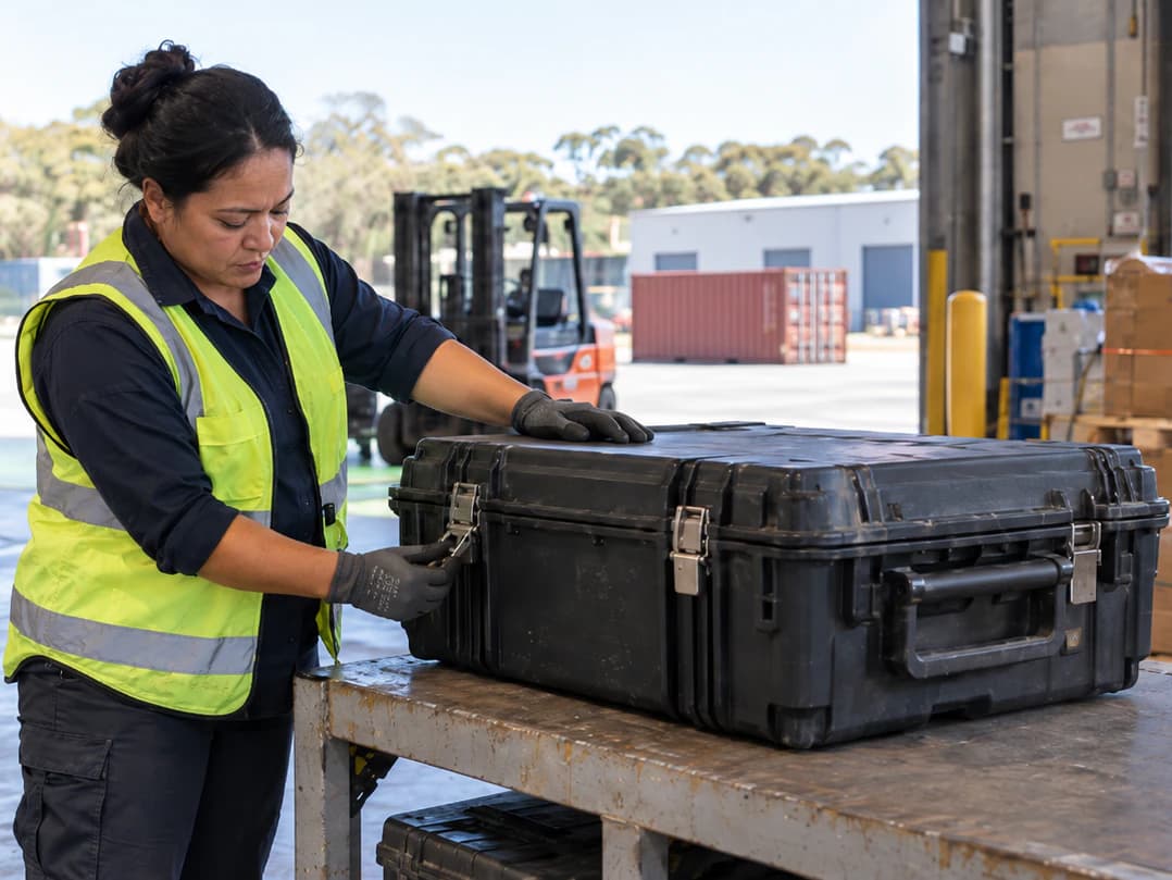 A receiving inspector checks a crate beside a shipping container.