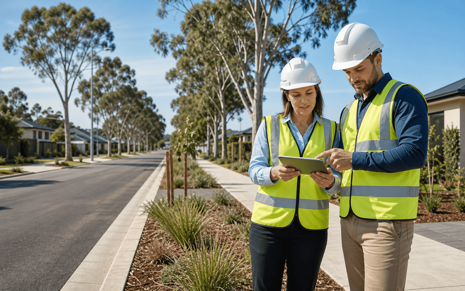Two council delivery professionals reviewing work on a suburban street