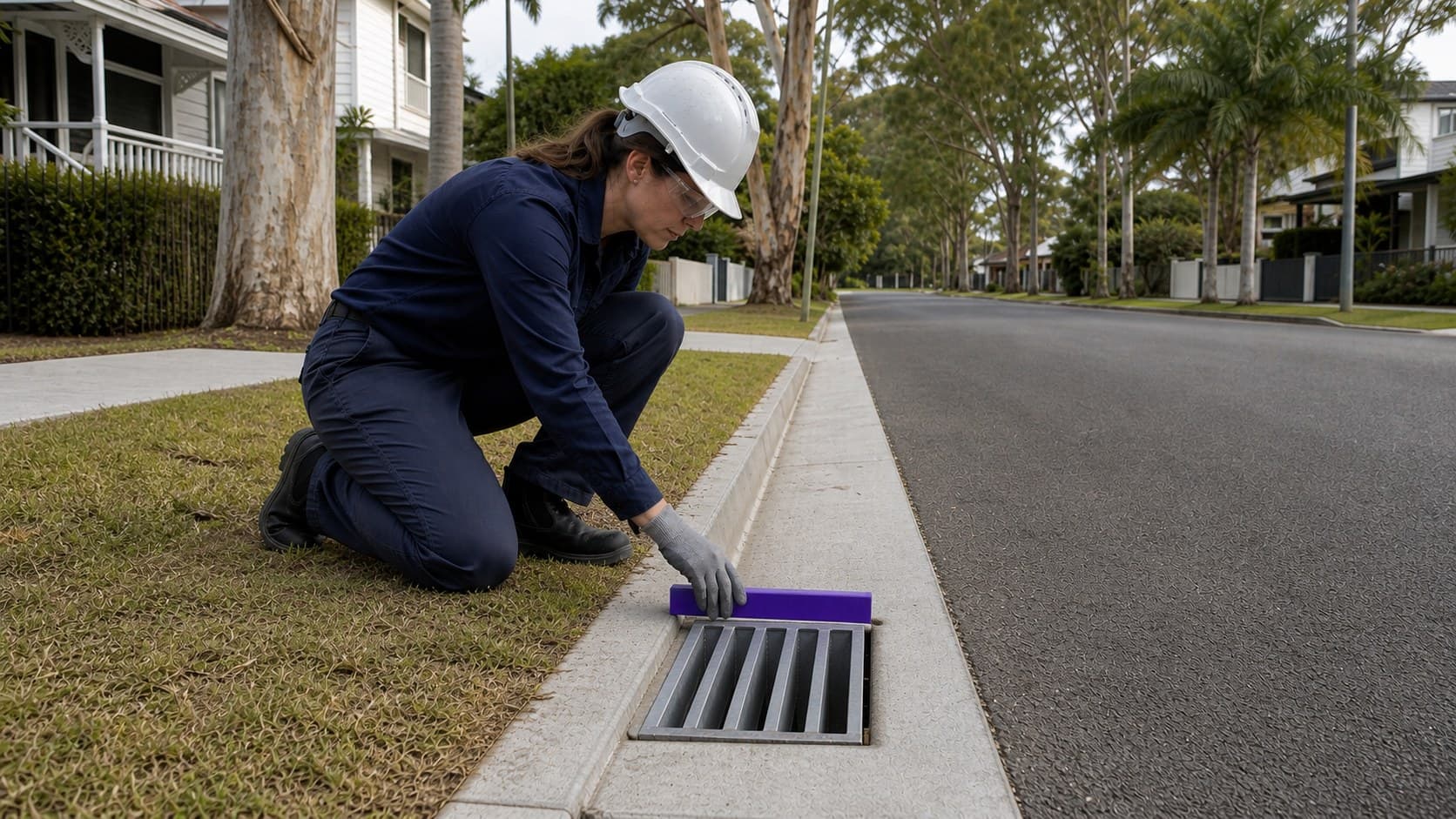 Two council delivery professionals reviewing work on a suburban street