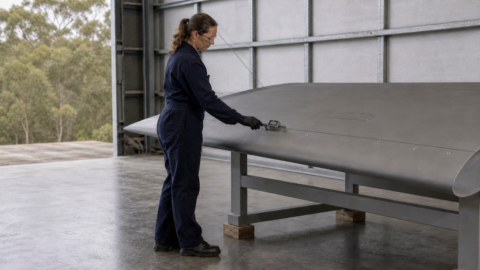 An inspector seats a digital gap-and-flush gauge across an aerostructure panel seam in a hangar