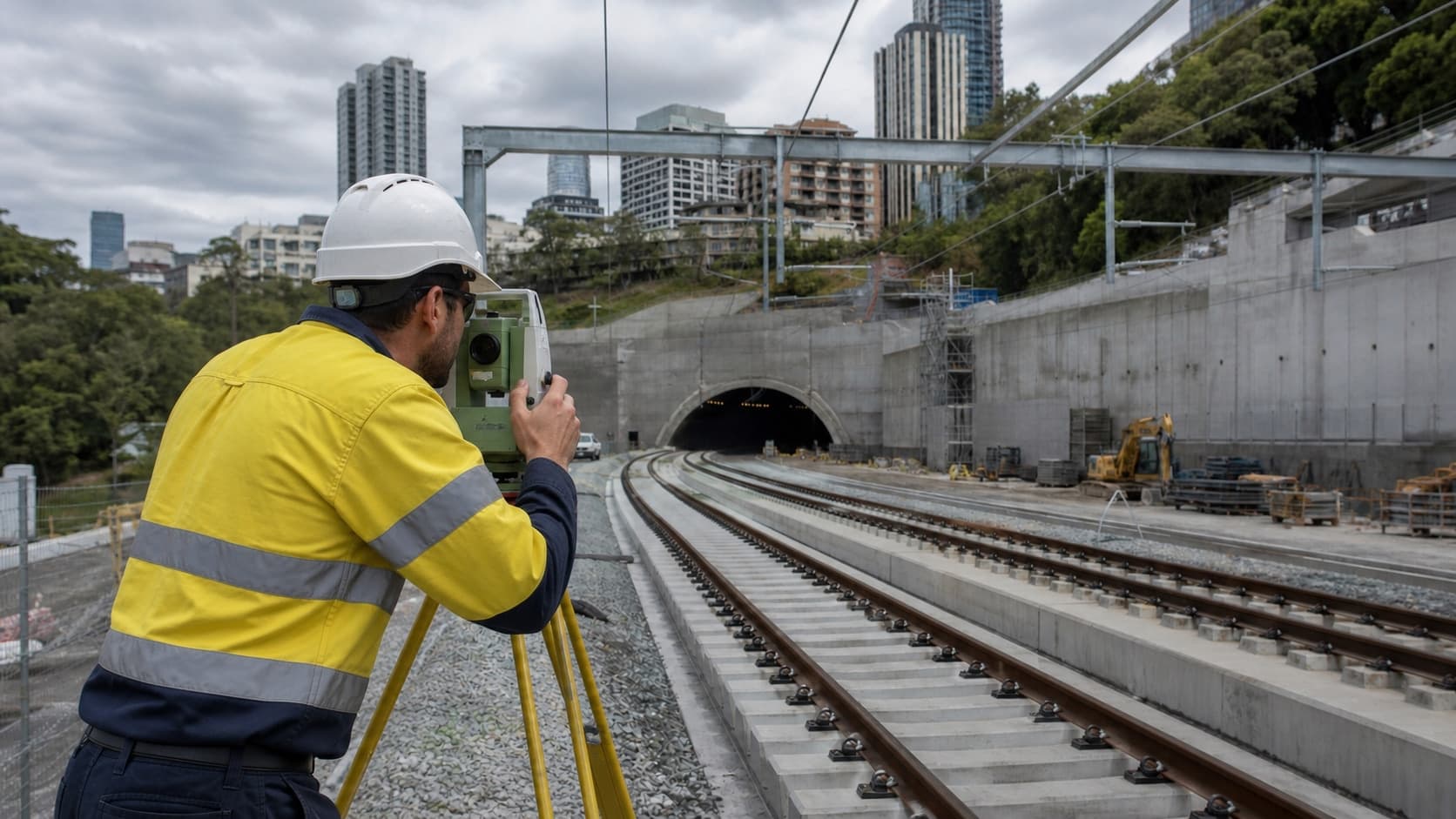 A surveyor looks through a total station aligned along a new rail line towards twin tunnels beneath Brisbane