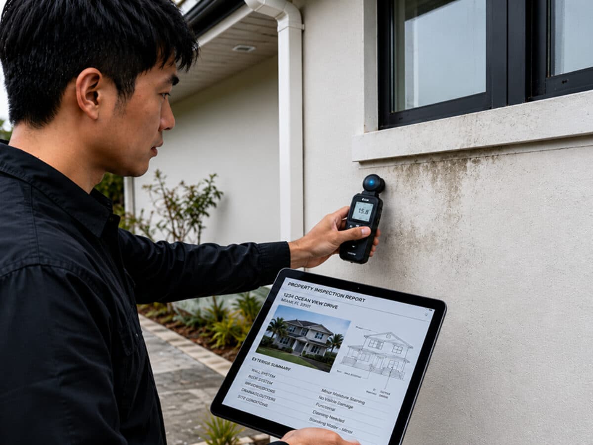 A property assessor using a moisture meter and tablet beside a home