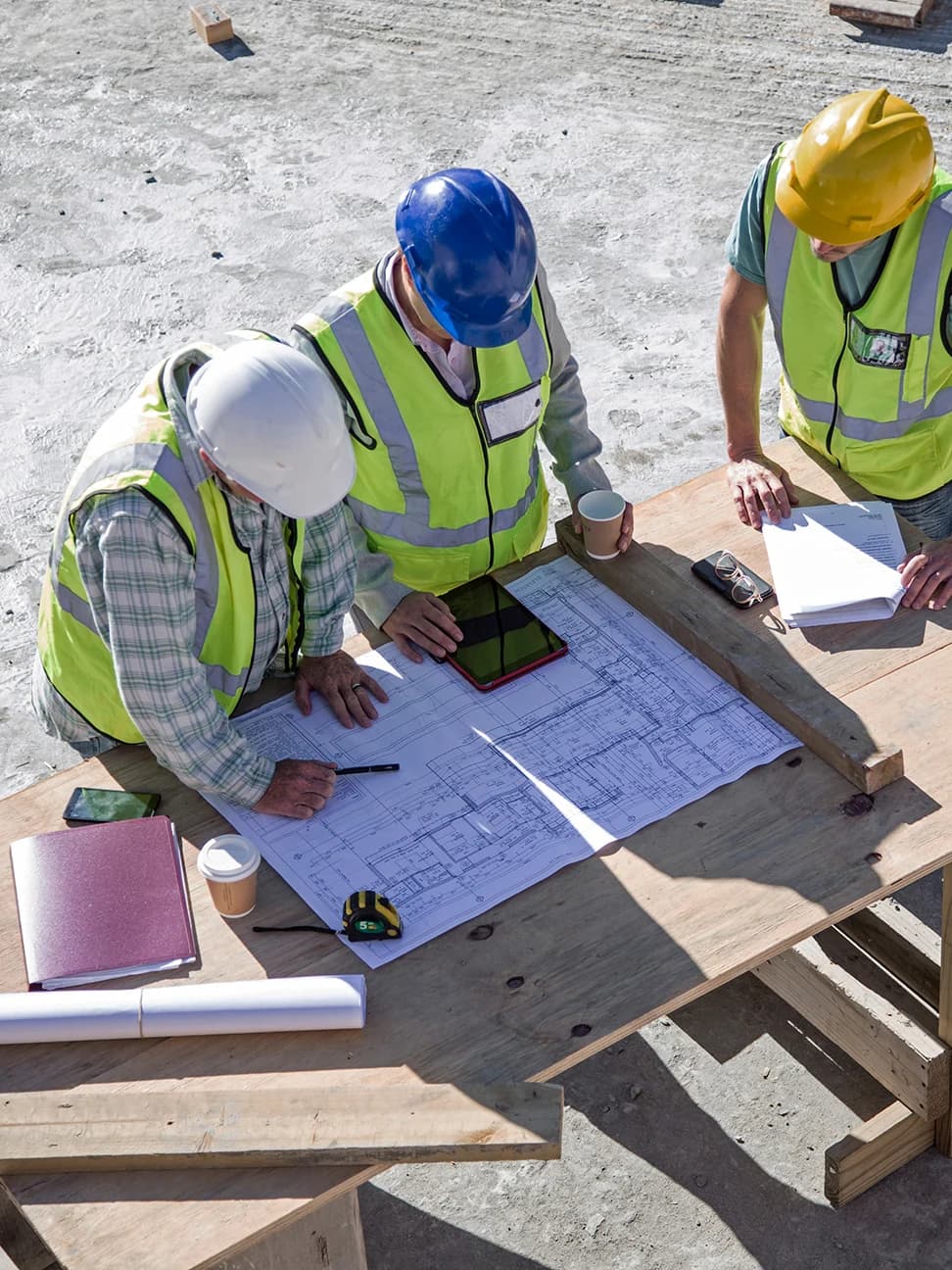 Three consultants in high-visibility clothing reviewing plans on a construction site