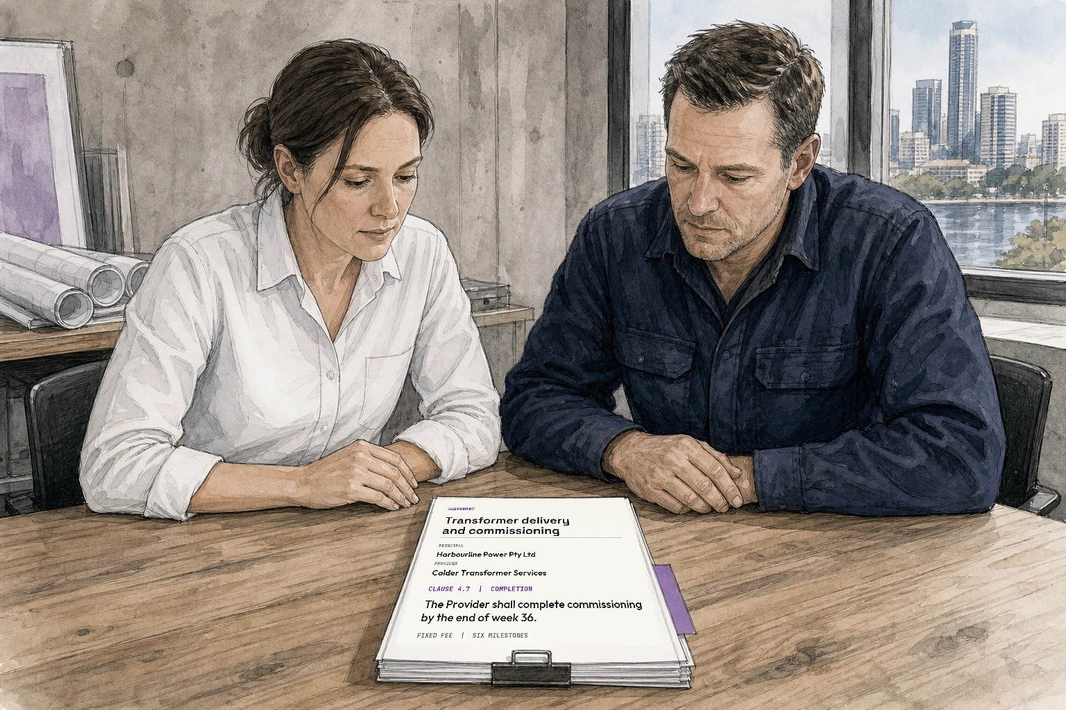 Two delivery parties reading the same agreement, with clause 4.7 and its week 36 completion date visible between them