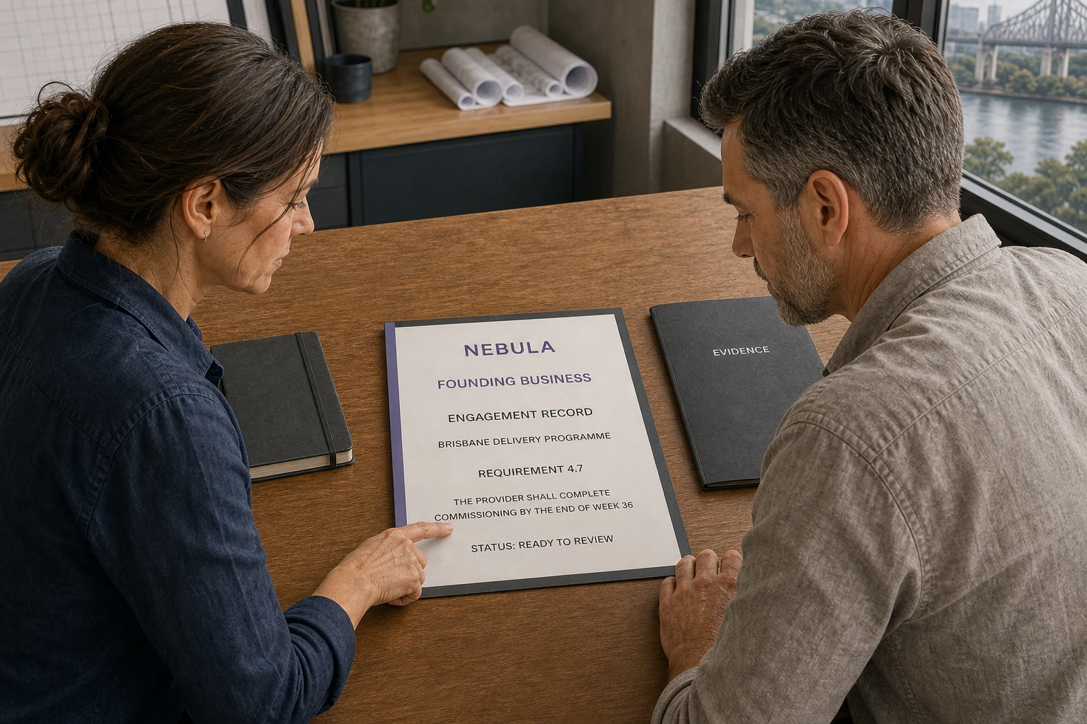 Two Brisbane business principals review a prepared Nebula Business example for requirement 4.7 and week 36