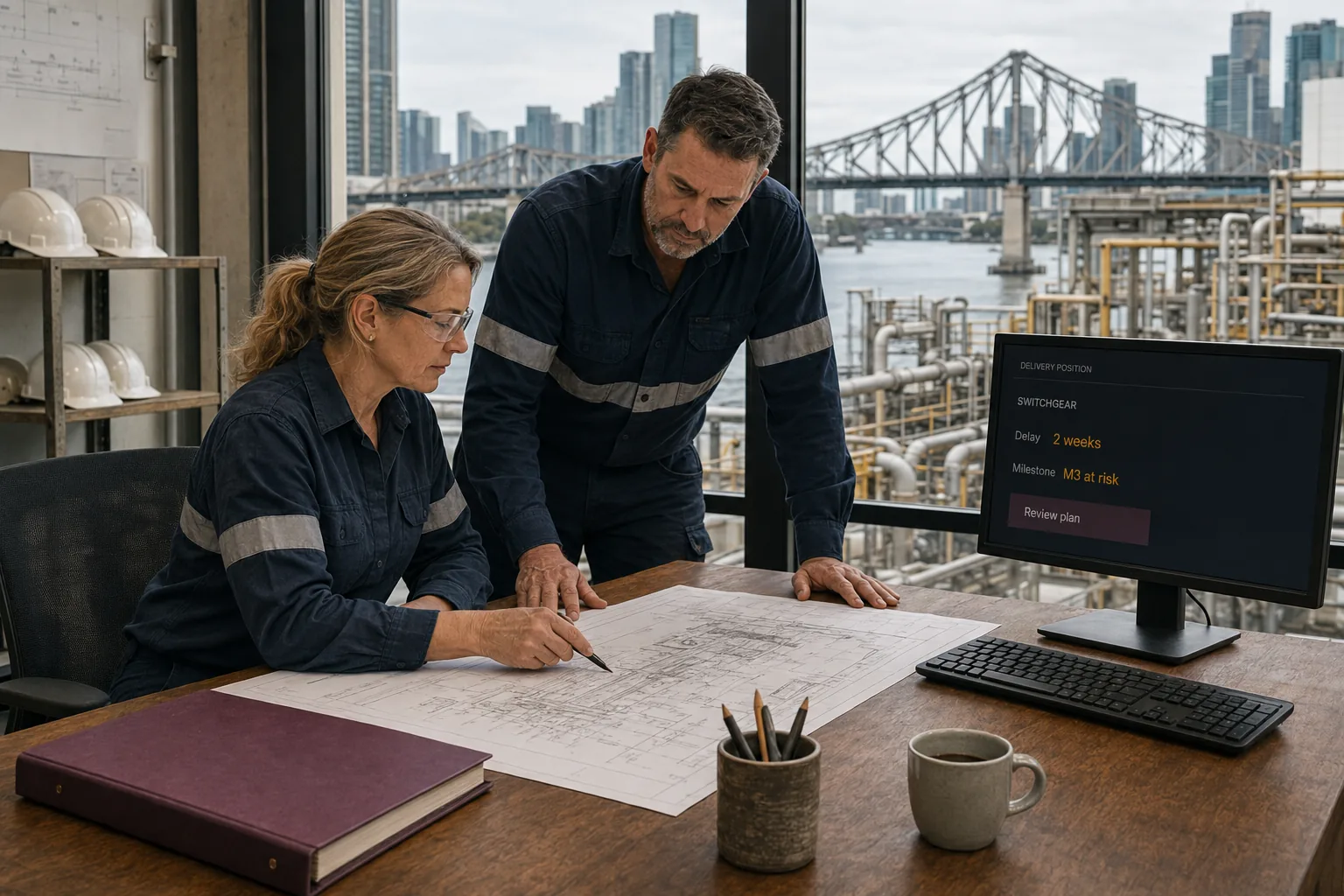 A project controls lead and a site lead work over a drawing set in a riverside site office, with the delivery position on screen showing a two-week switchgear delay and milestone M3 at risk