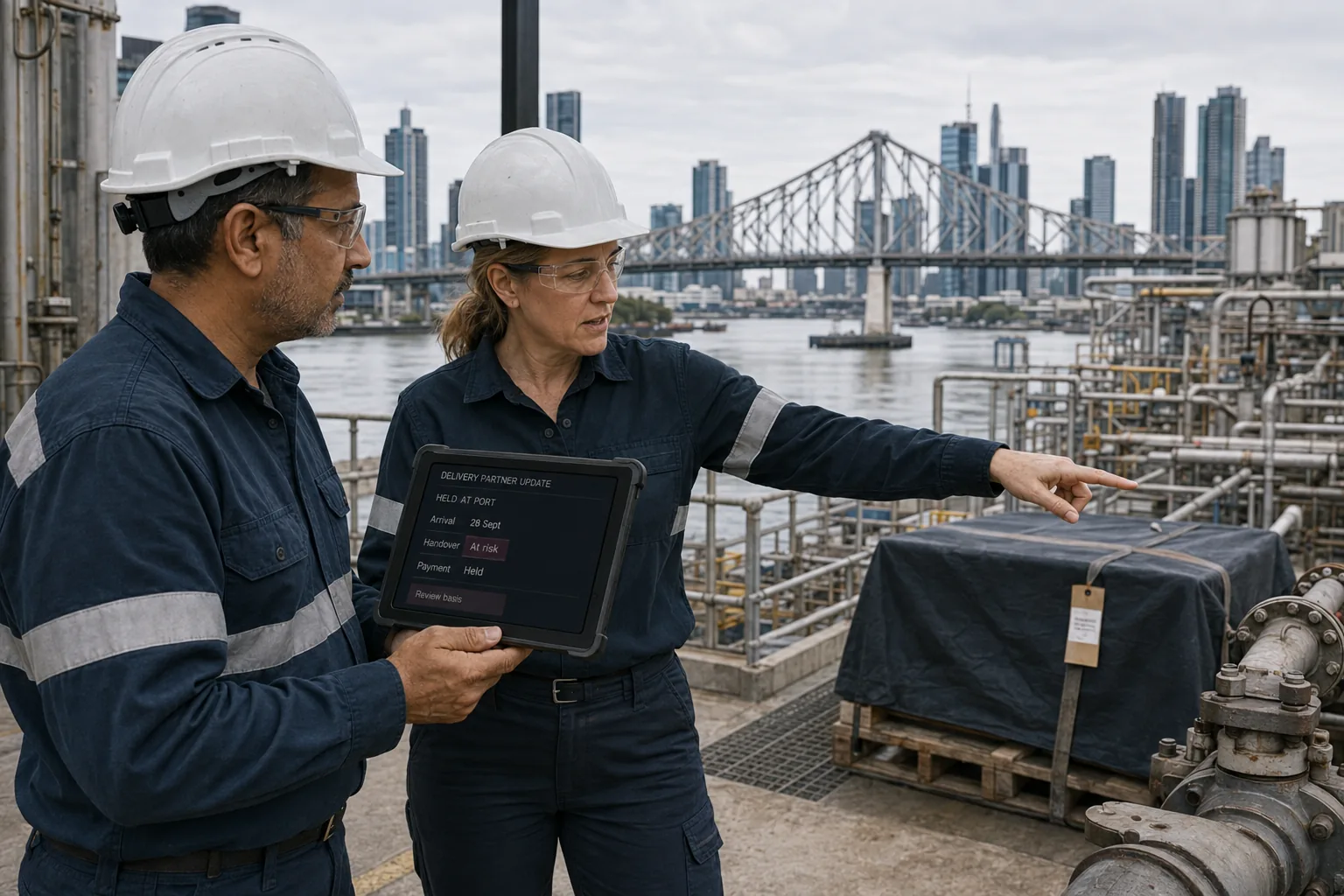 Two field operators read a delivery partner update on a tablet beside a covered delivery item on a pallet: held at port, arrival 28 September, handover at risk, payment held