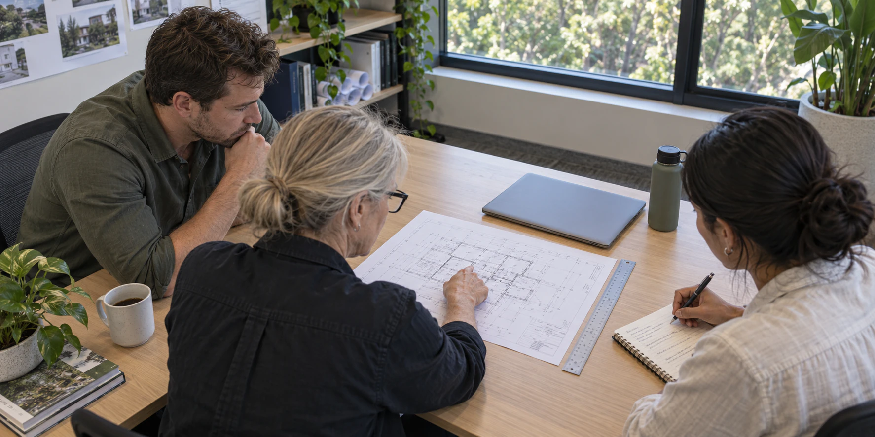 Three project professionals review an A3 engineering drawing together in a Brisbane office.