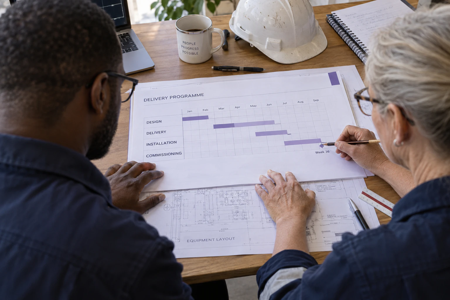 Two project planners examine a printed programme and trace the sequence leading to commissioning.