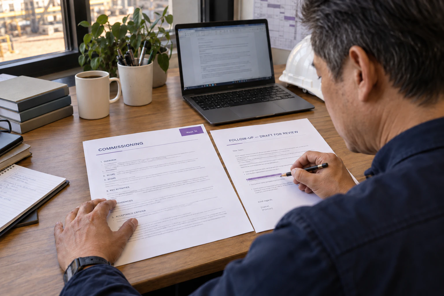 A project manager reviews a commissioning deadline and prepares a follow-up for human approval.