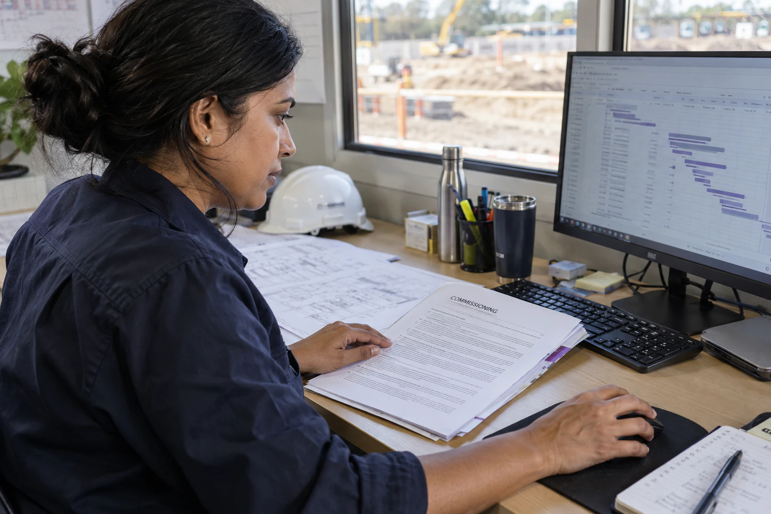 A delivery planner compares a commissioning agreement with the plan at her workstation.