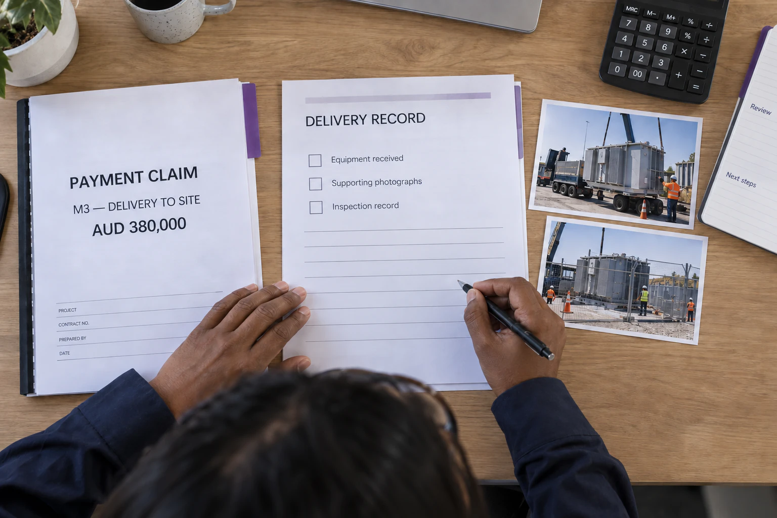 A commercial coordinator compares a payment claim with delivery records and site photographs.