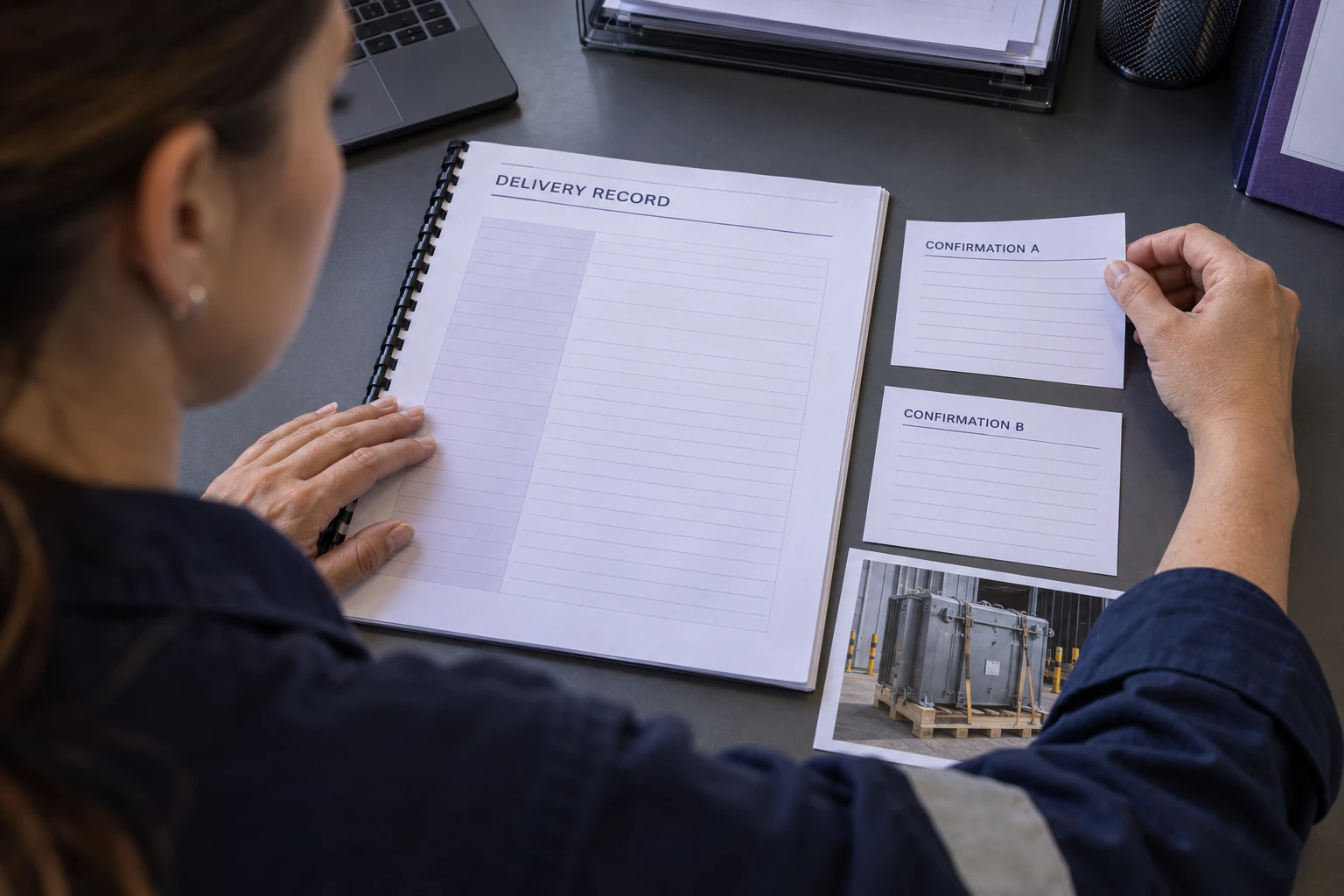 A delivery coordinator reconciles an event record with two separate confirmation documents.