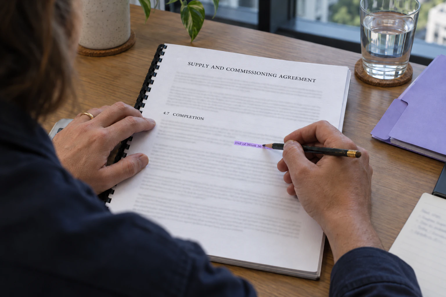 A project coordinator carefully checks the commissioning clause in a printed agreement.