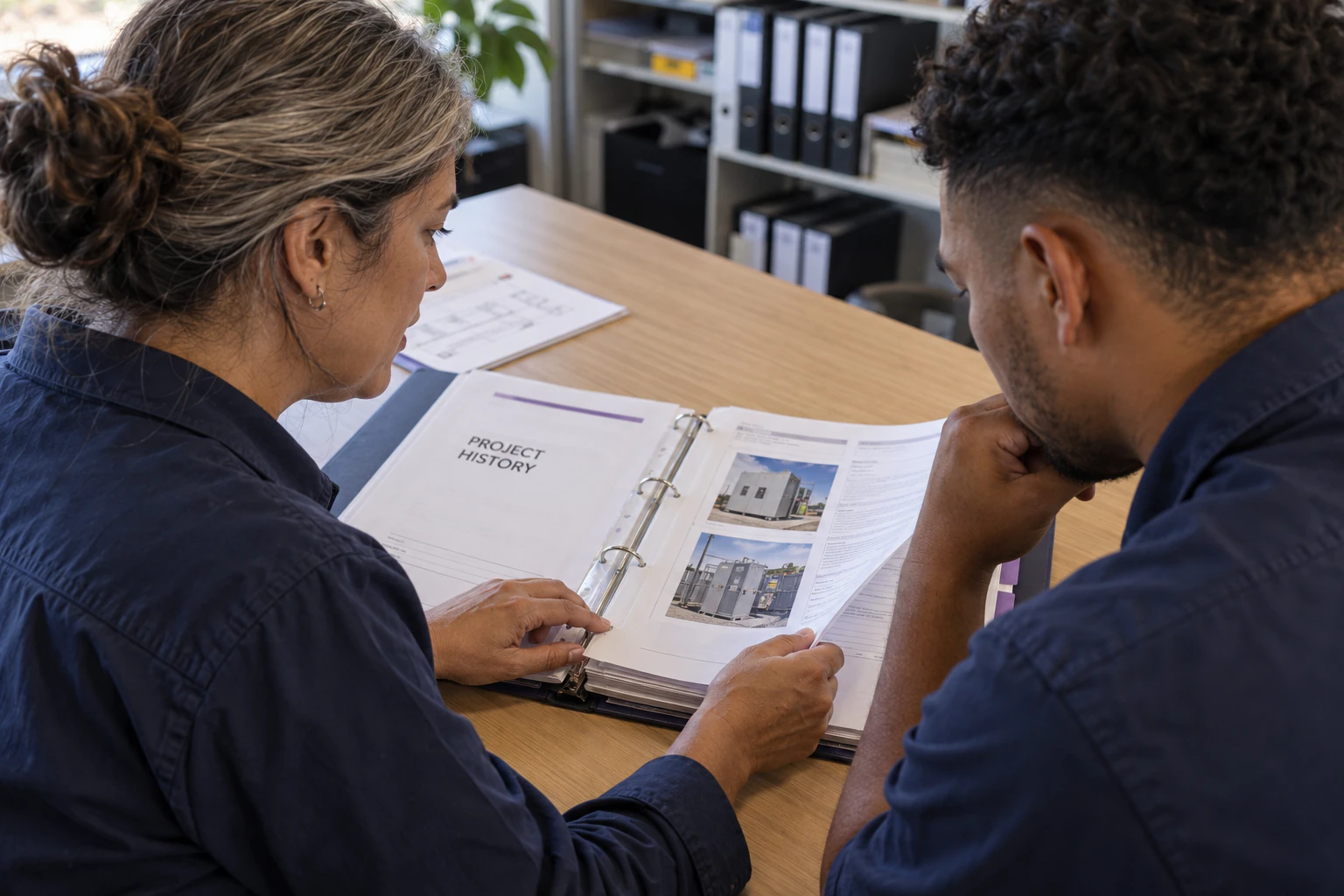 A business owner reviews completed project records with a colleague to support a capability discussion.