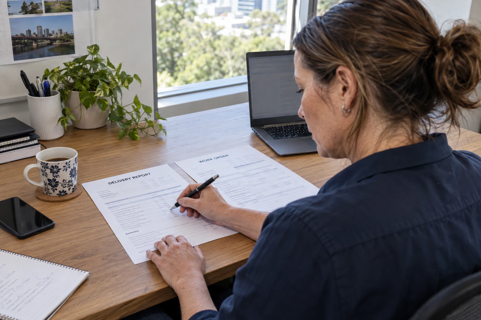 A project lead reviews an A4 delivery report and work order at an office desk.