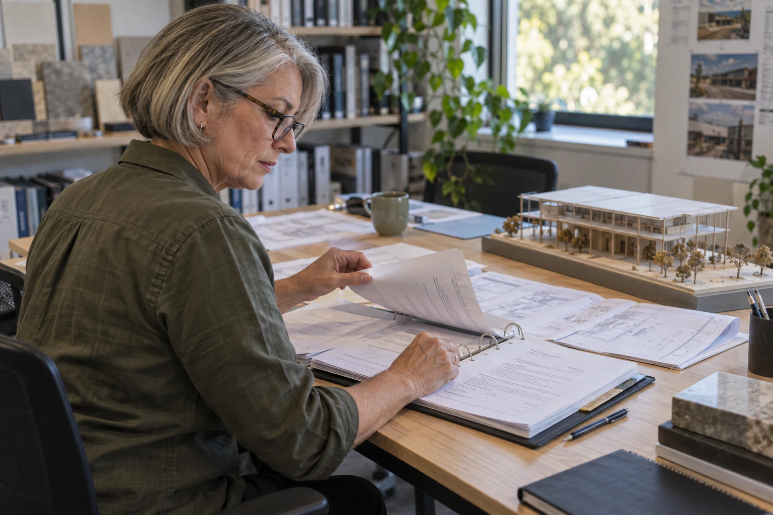 A business principal reviews project records beside a building model in an office.