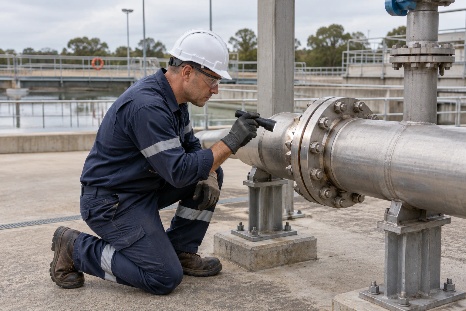 A technician inspects a pipeline flange at an industrial facility.