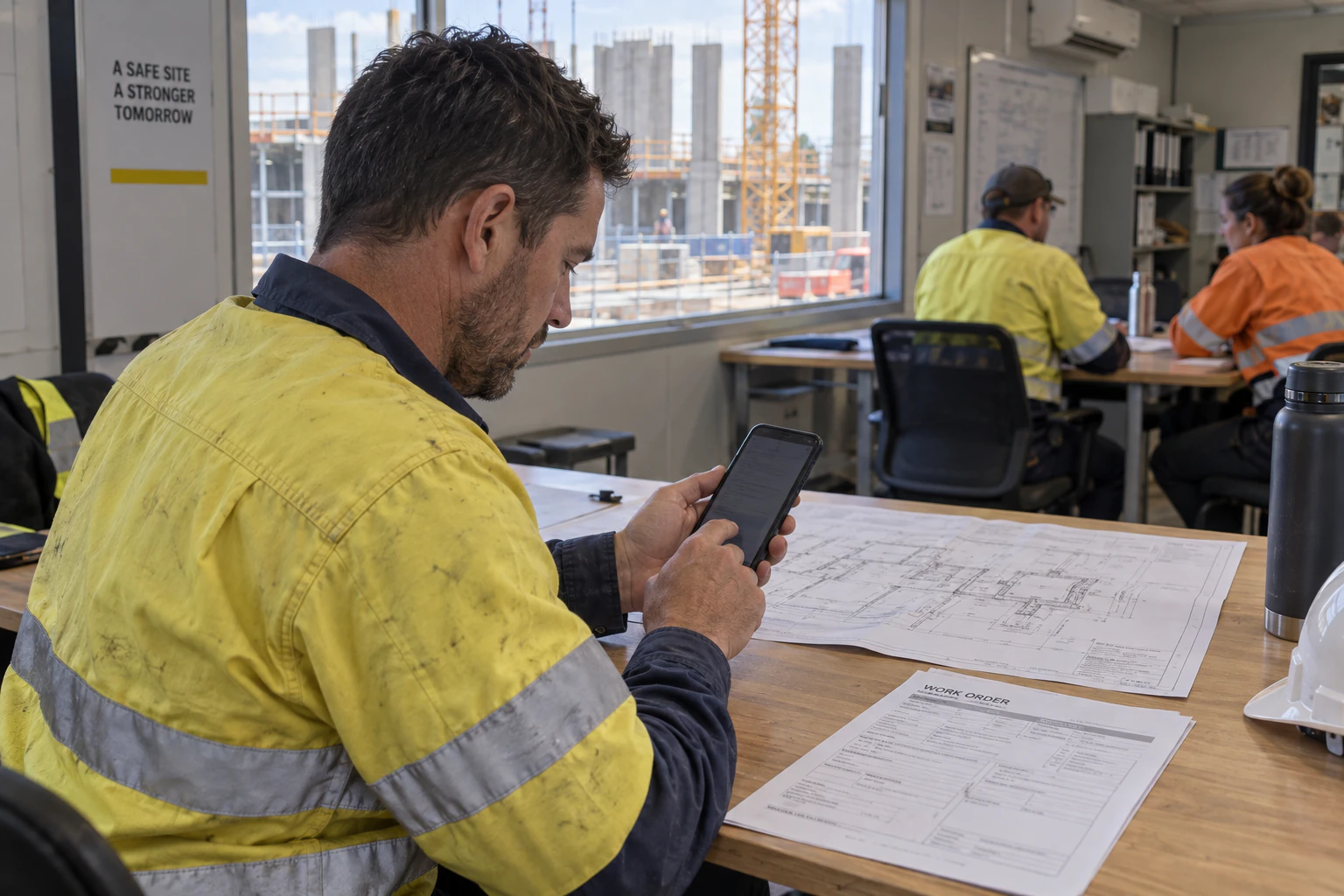 A field lead checks a handheld device beside drawings at a site office worktable.